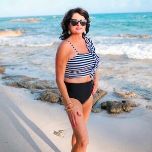 Striped Navy & White Ruffle One-Shoulder Swim Top with Black Bottoms